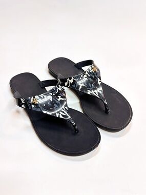 TORY BURCH Size 5 Midnight Floral Jelly Thong Sandals Black Teal Off White Flats